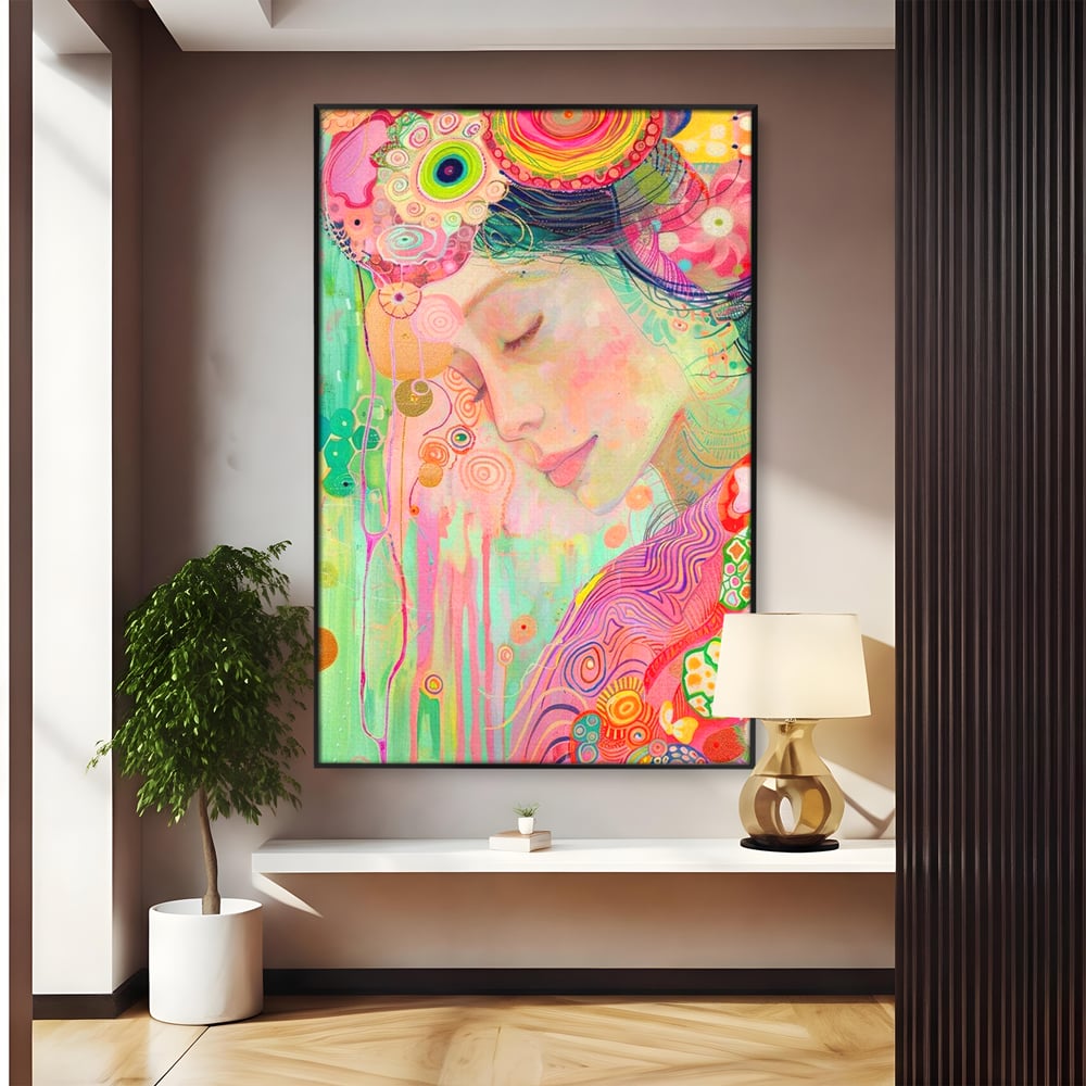 Tablou canvas cu tablou canvas cu portret de zana, in rama de aluminiu negru